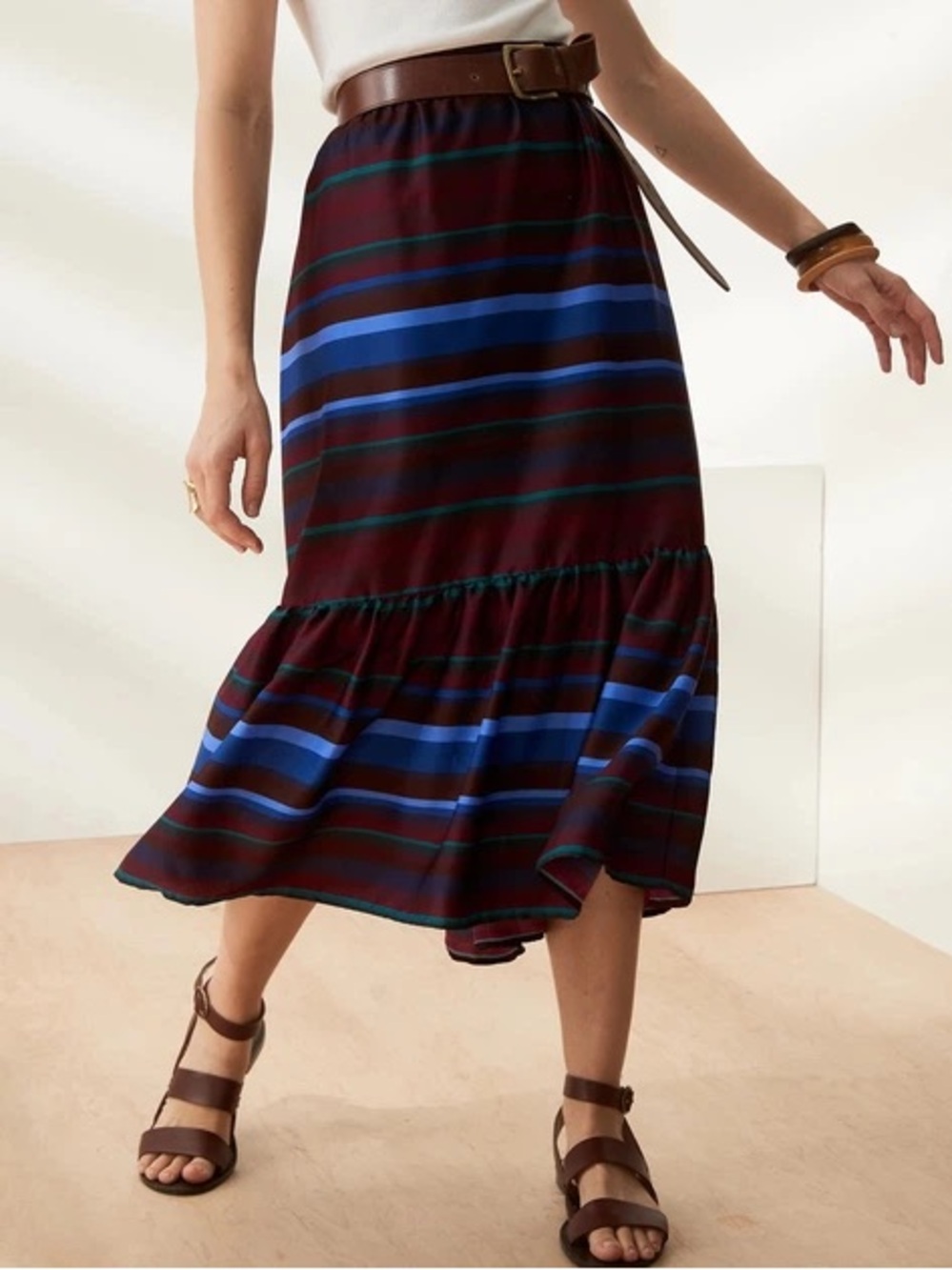 Banana Republic Women's Striped Flounce Midi Skirt - Blue & Burgundy